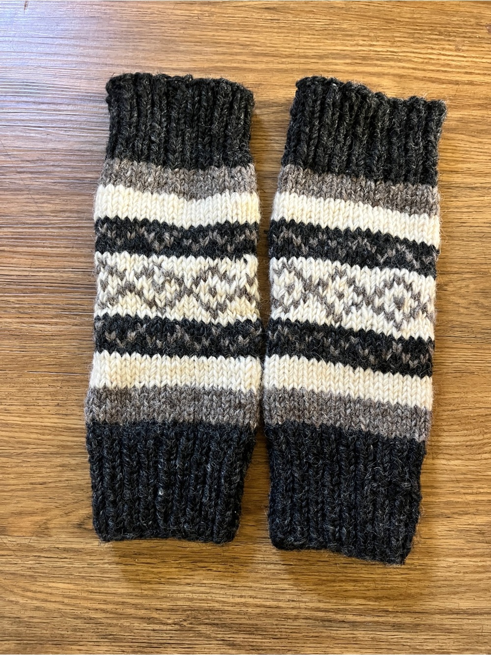 Handknit Wool Striped Fair Isle Leg Warmers in Black, White & Gray Boot Toppers